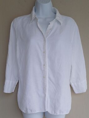 Talbots Irish Linen Blouse Jacket Vintage Button Front White 3/4 Sleeve Medium